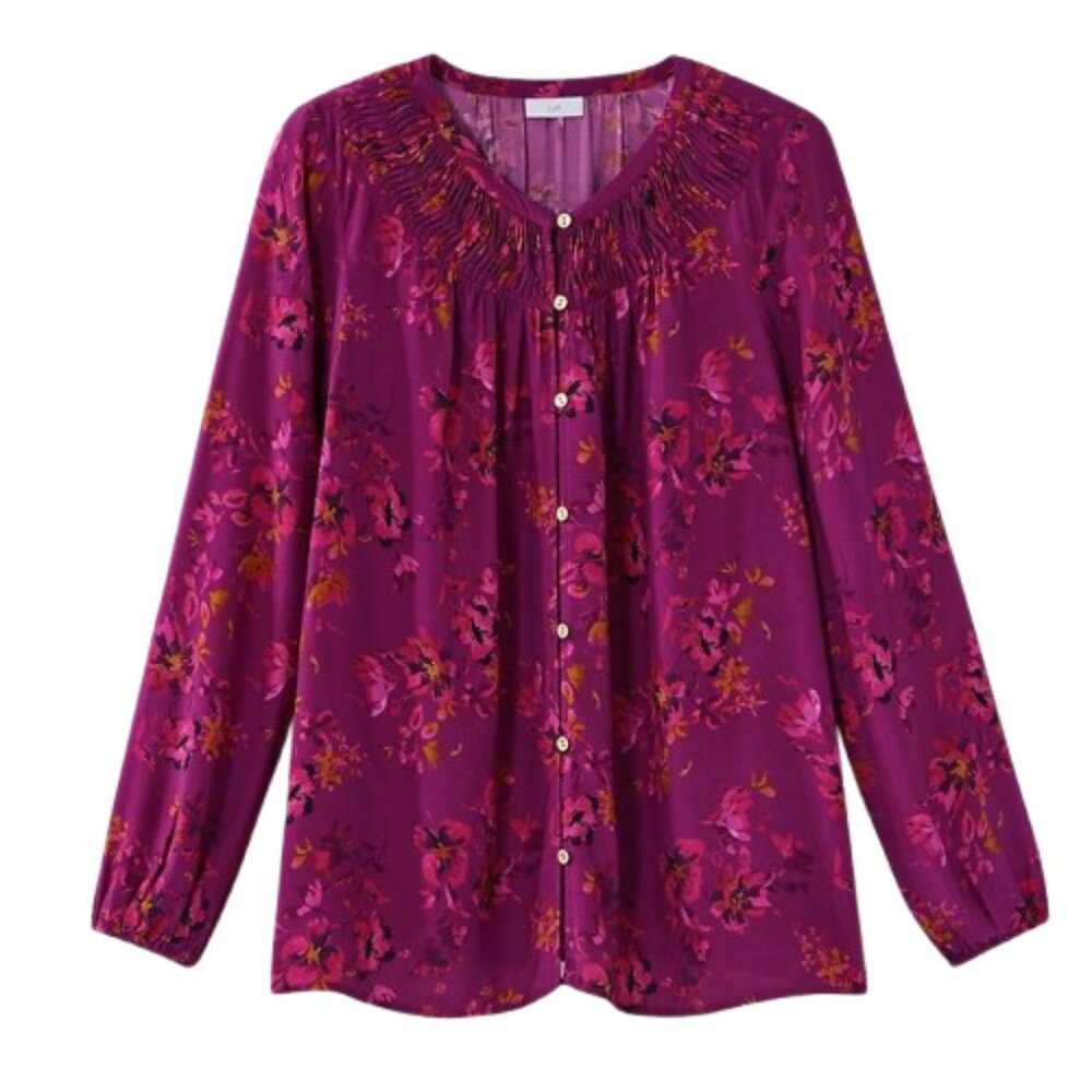J. Jill Smocked Neck Floral Button Shirt Purple Rayon XS Small Tall NWT